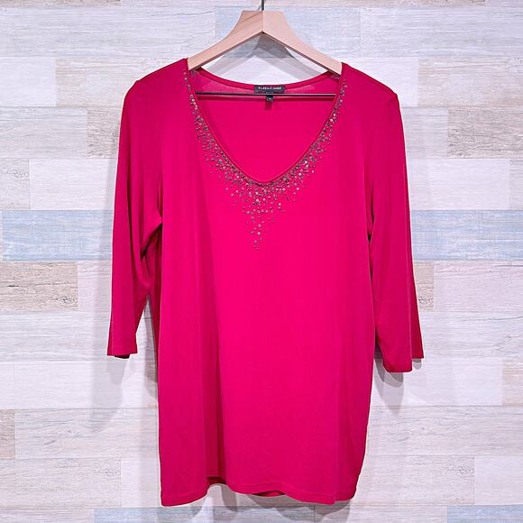 EILEEN FISHER 100% Silk Sequin Beaded Longline Top Red 3/4 Sleeve Womens Medium - Picture 1 of 5